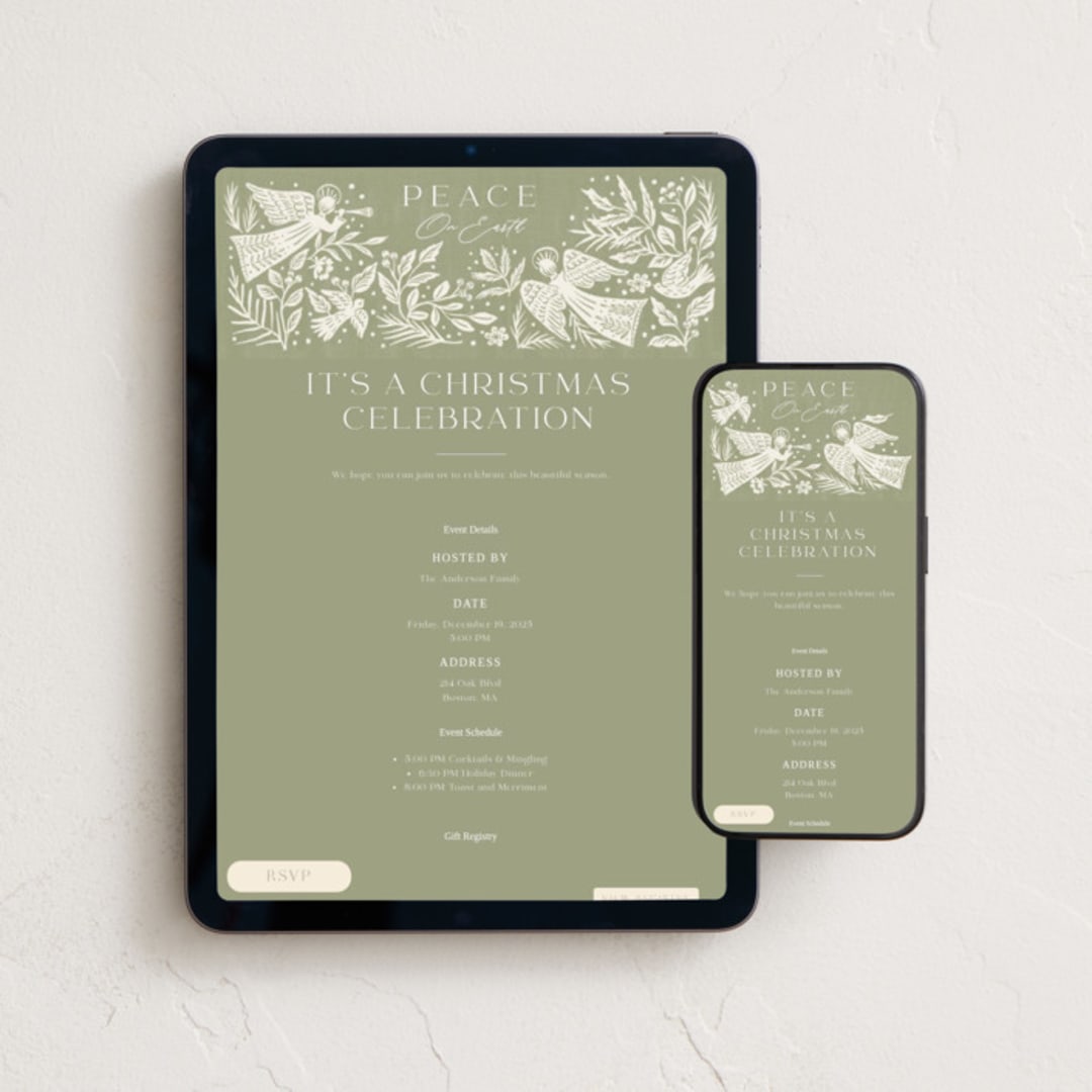 "Angels" - Online Holiday Party Invitations in Olive by Elly - Mobile + desktop layout