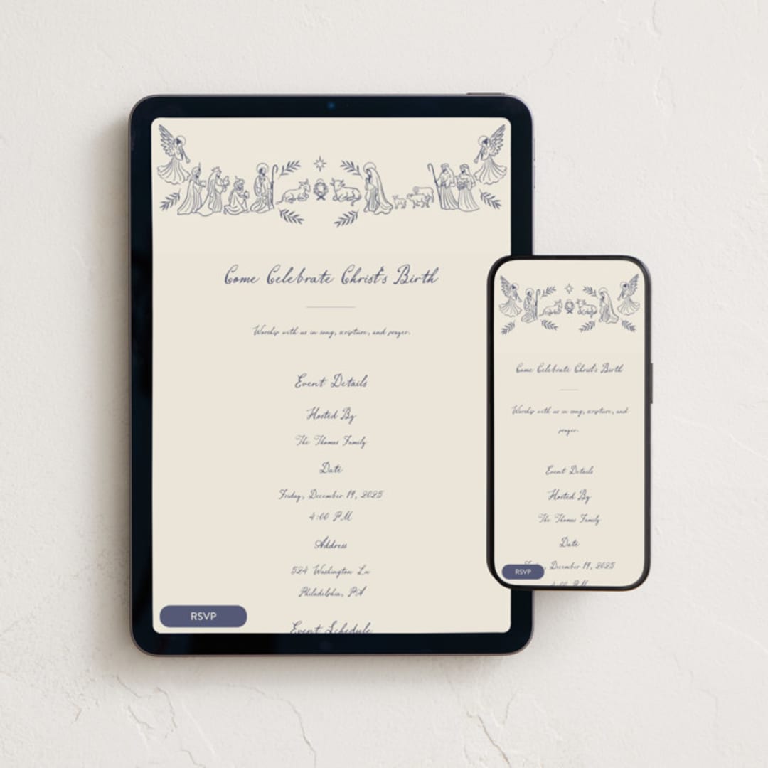 "Nativity" - Online Holiday Party Invitations in Indigo by Jamie Alexander - Mobile + desktop layout