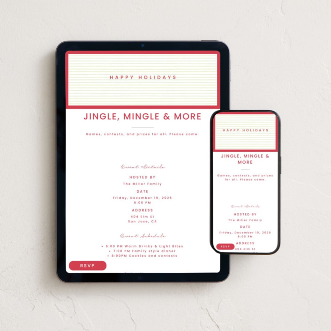 "Framed in Stripes" - Online Holiday Party Invitations in Holly by Poised Avenue - Mobile + desktop layout
