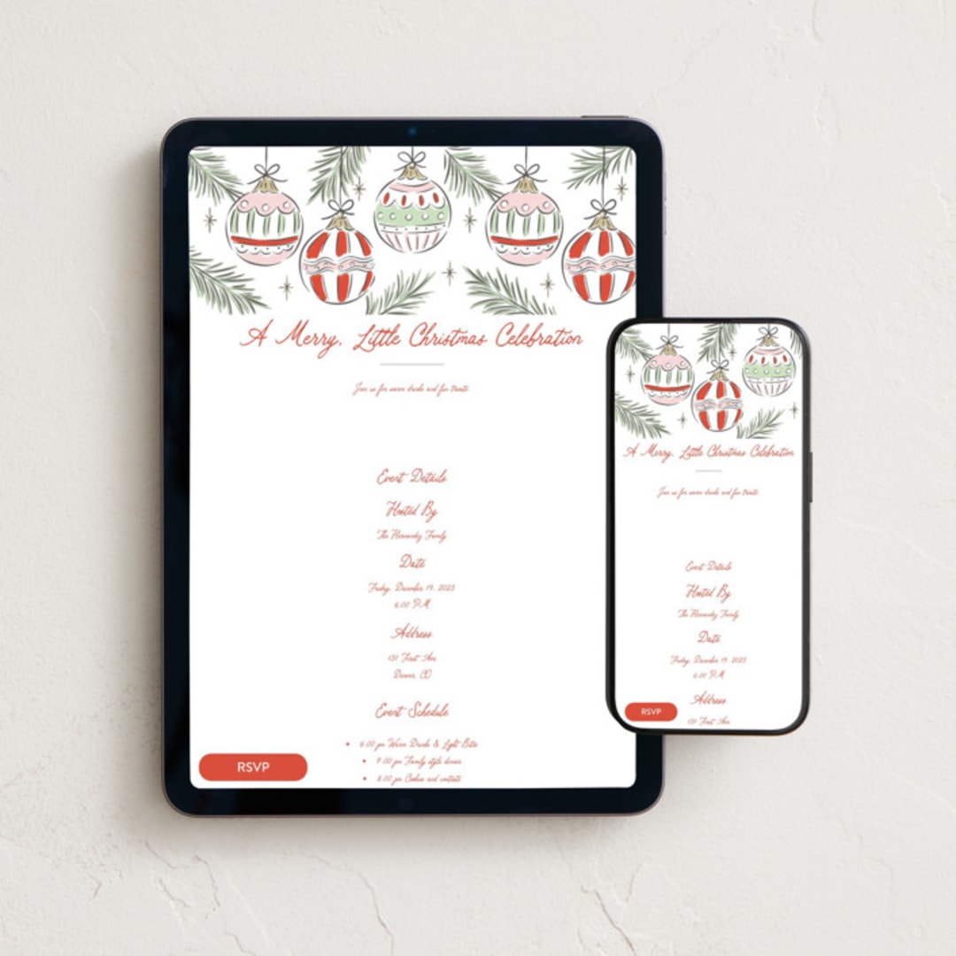 "Bright Ornaments" - Online Holiday Party Invitations in Festive by Erin German - Mobile + desktop layout