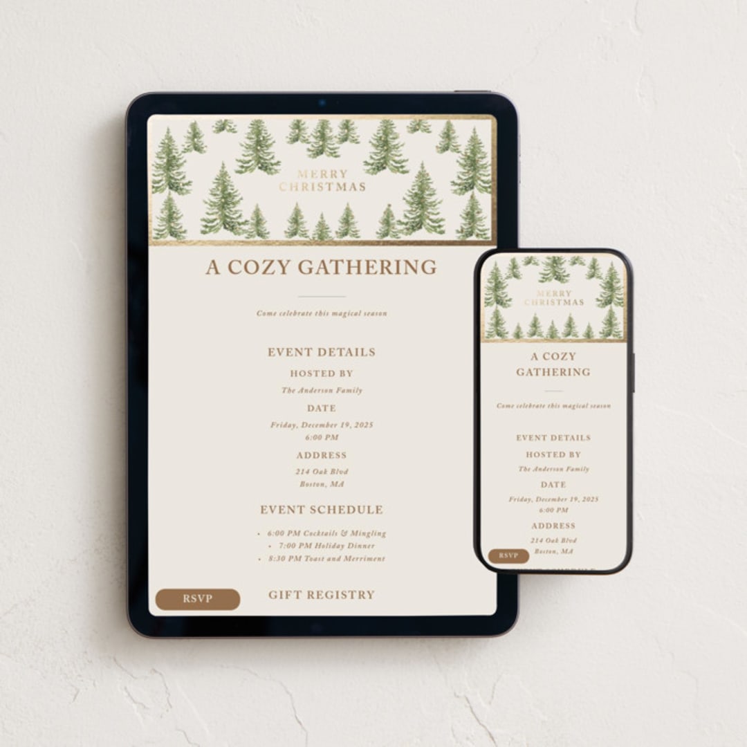 "Winter Trees" - Online Holiday Party Invitations in Toffee by Petra Kern - Mobile + desktop layout