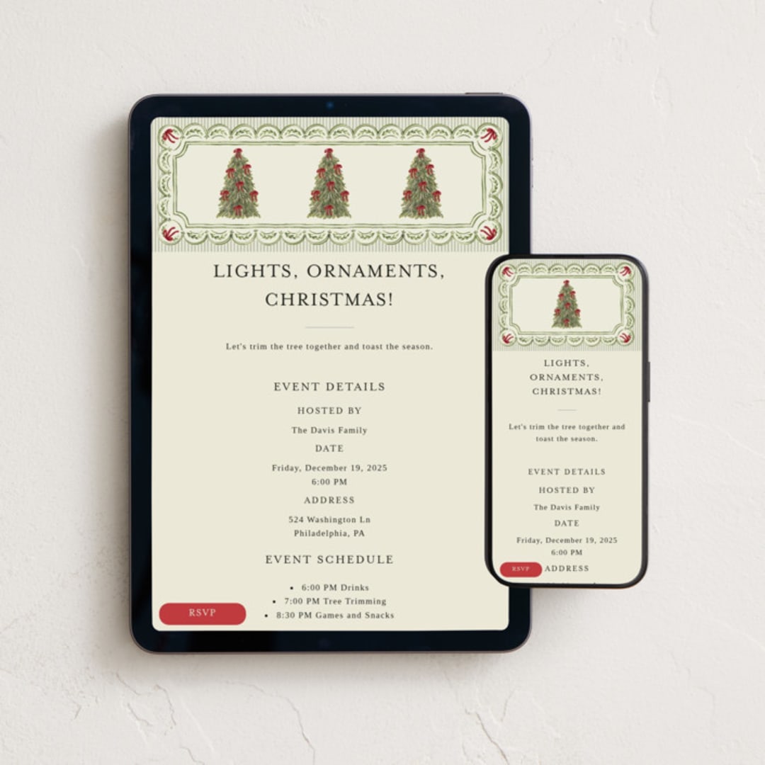 "Holiday Bow tree" - Online Holiday Party Invitations in Evergreen by Chris Griffith - Mobile + desktop layout