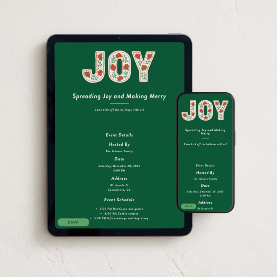 "Poinsettia Joy" - Online Holiday Party Invitations in Evergreen by Kelly Williams - Mobile + desktop layout