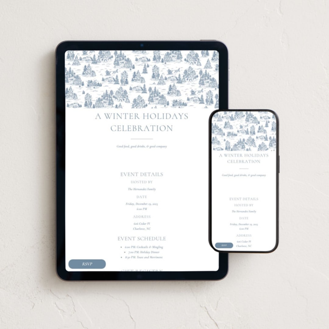"Christmas Toile" - Online Holiday Party Invitations in Periwinkle by Jennifer Lew - Mobile + desktop layout
