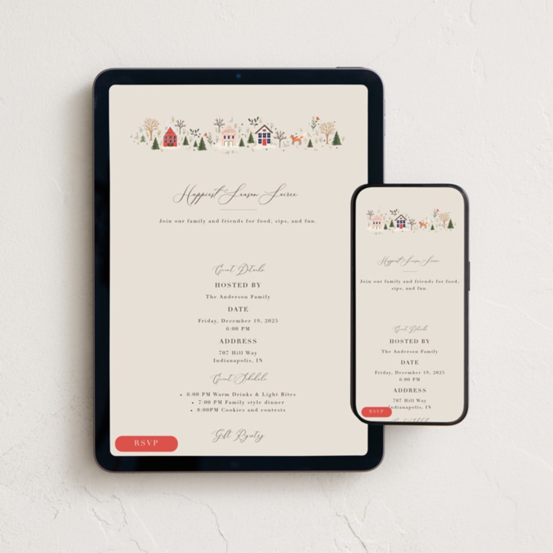 "Winter Village Oval" - Online Holiday Party Invitations in Taffy by Hannah Williams - Mobile + desktop layout