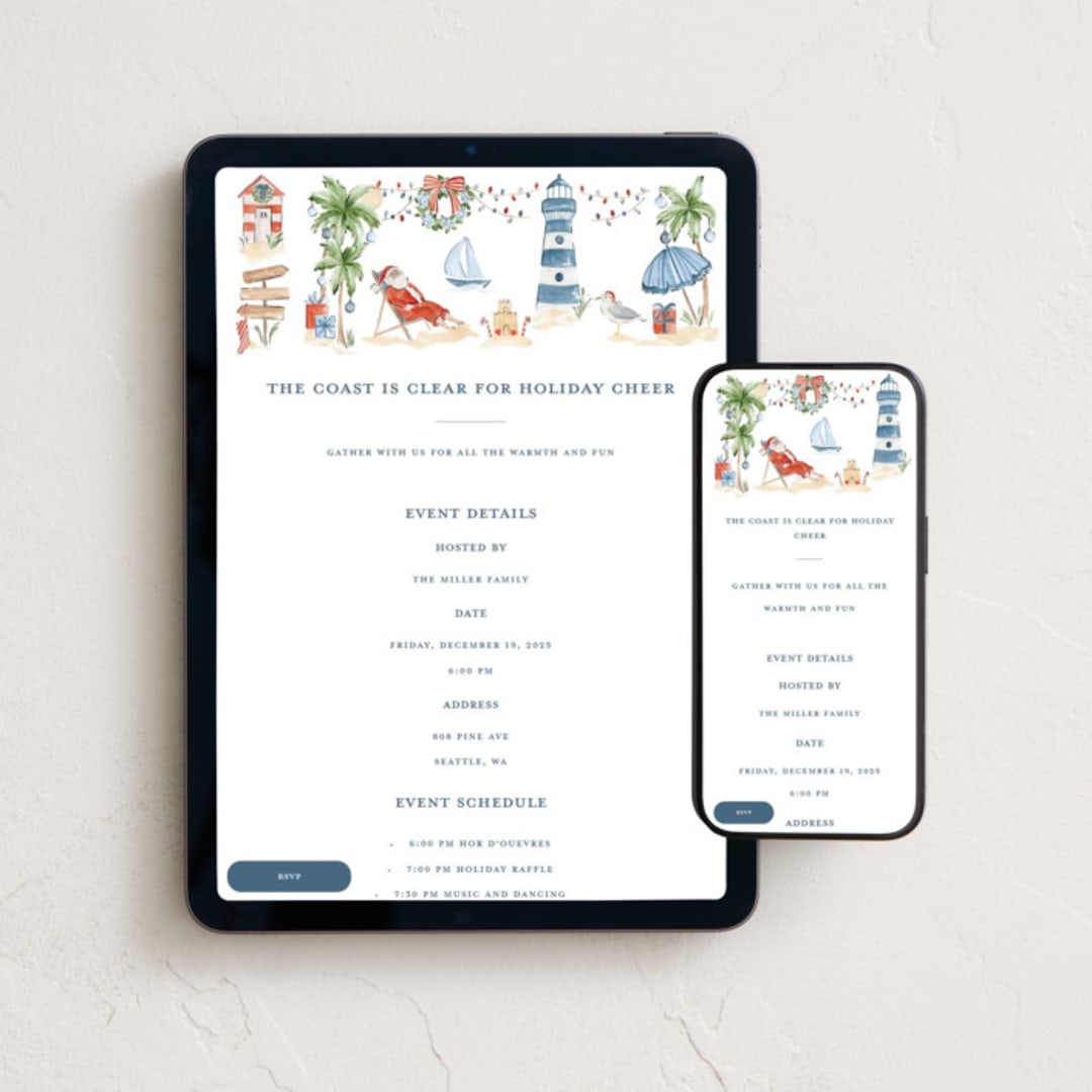 "Beach Holidays" - Online Holiday Party Invitations in Sea Salt by Sarah Knight - Mobile + desktop layout