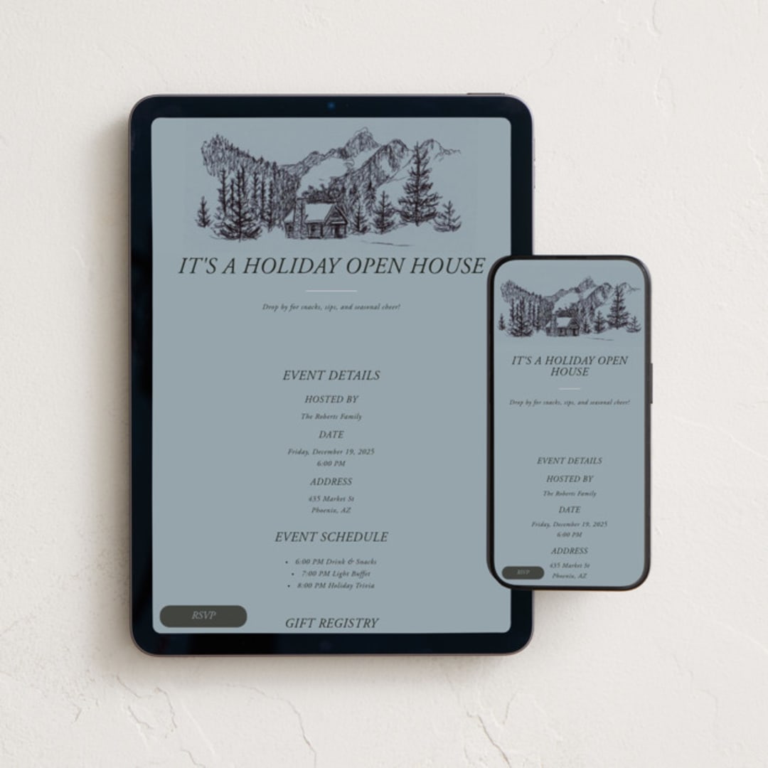 "Inkpen Cabin" - Online Holiday Party Invitations in Slate by Holly Whitcomb - Mobile + desktop layout