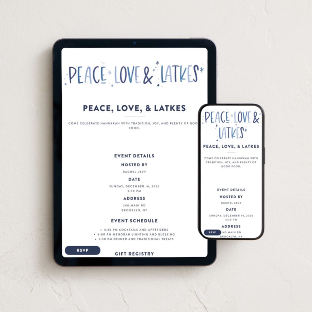 "Peace, Love & Latkes" - Online Holiday Party Invitations in Frost by Laura Bercovich - Mobile + desktop layout