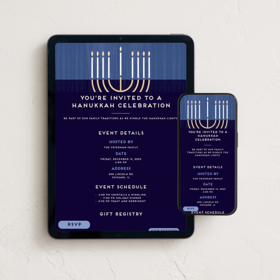 "Modern Menorah" - Online Holiday Party Invitations in Navy by Kami Turnell - Mobile + desktop layout