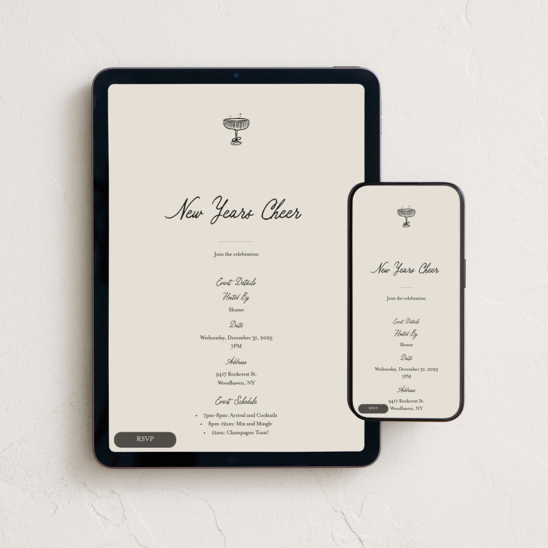 "Bubbly Clink" - Online Holiday Party Invitations in Caviar by Cindy Reynolds - Mobile + desktop layout