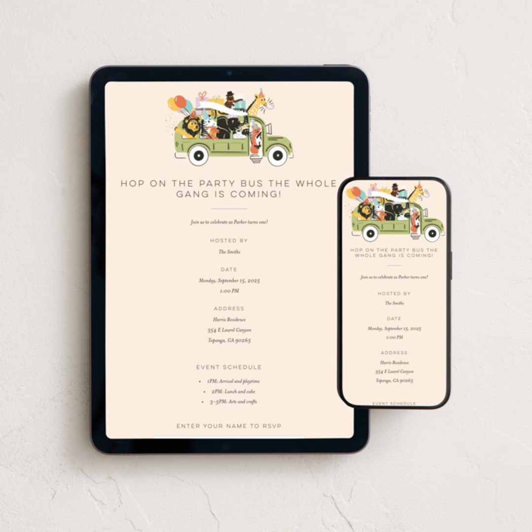"Birthday Bus" - Online Kids Birthday Invitations in Sour Apple by Shiny Penny Studio - Mobile + desktop layout