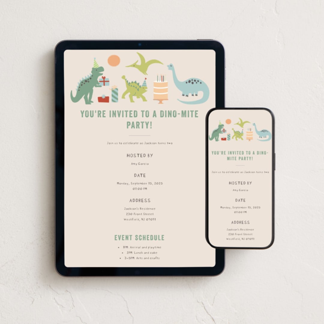 "Dino Party" - Online Kids Birthday Invitations in Sand by Teju Reval - Mobile + desktop layout