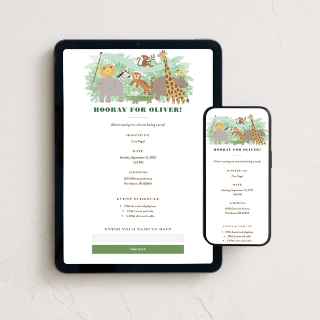 "Jungle One" - Online Kids Birthday Invitations in Jungle by Jennifer Wick - Mobile + desktop layout