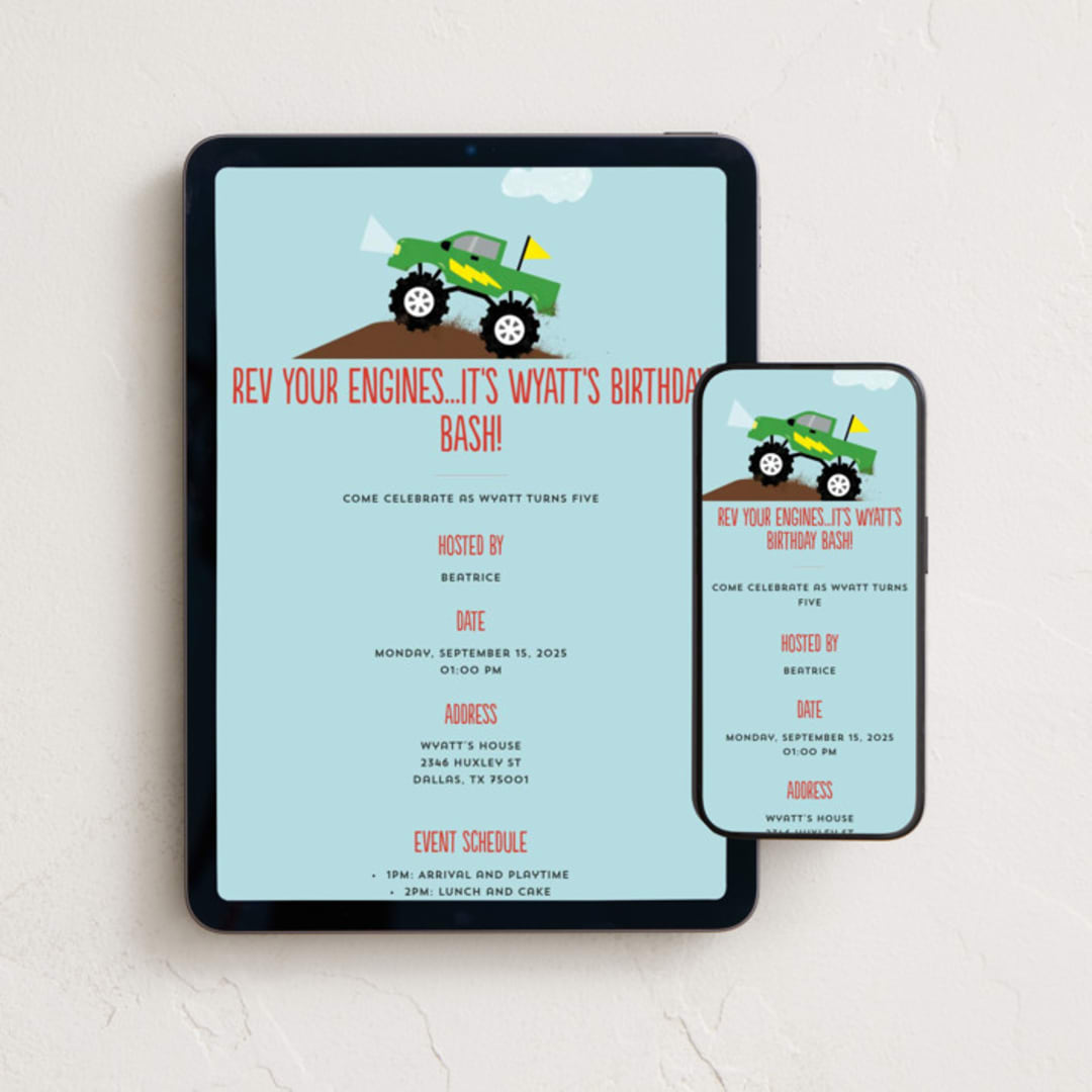 "Monster Truck" - Online Kids Birthday Invitations in Lime by Erica Krystek - Mobile + desktop layout