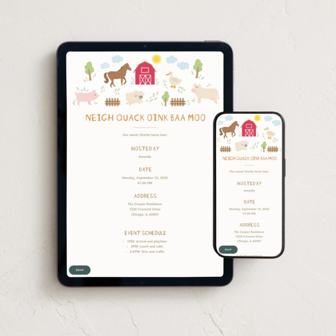 "Barnyard noises" - Online Kids Birthday Invitations in Cotton by Creo Study - Mobile + desktop layout