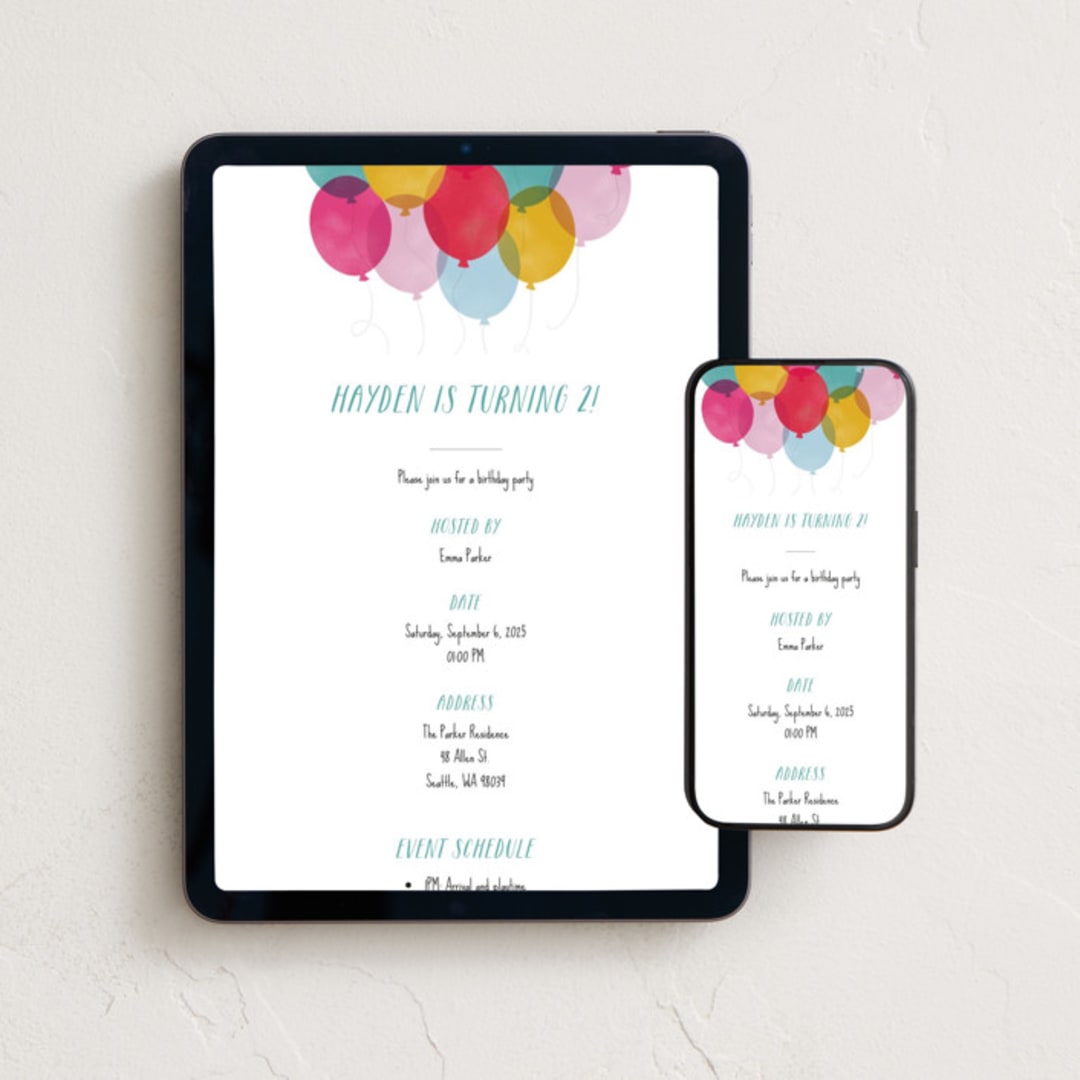 "Birthday Balloons" - Online Kids Birthday Invitations in Teal by Hooray Creative - Mobile + desktop layout