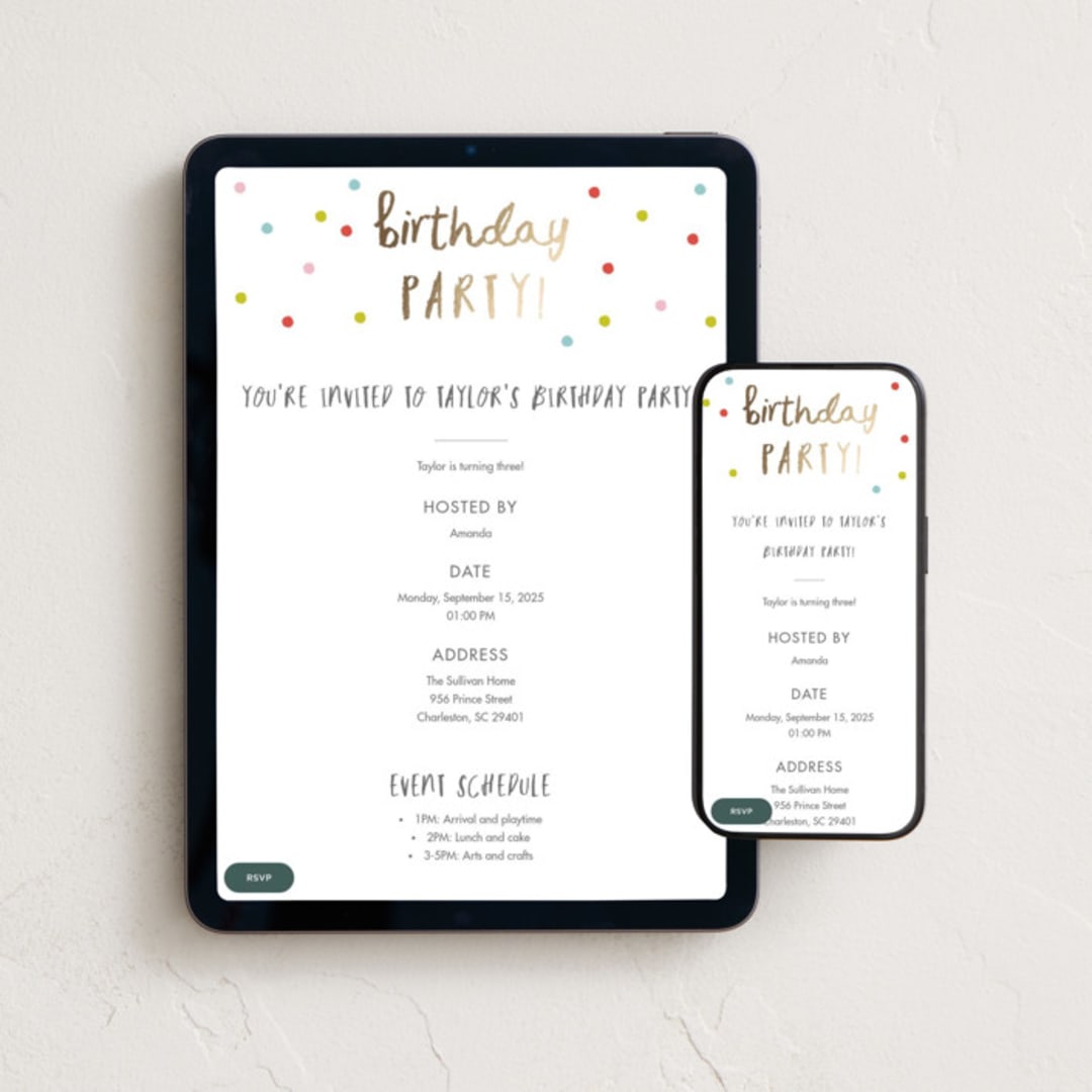 "Confetti bash" - Online Kids Birthday Invitations in Bubblegum by Stacey Meacham - Mobile + desktop layout