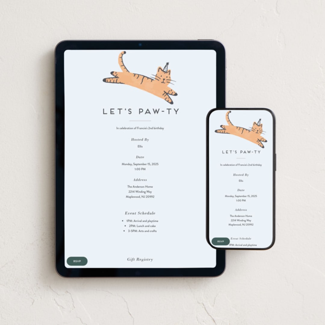 "Pawty Cat" - Online Kids Birthday Invitations in Apricot by Everett Paper Goods - Mobile + desktop layout