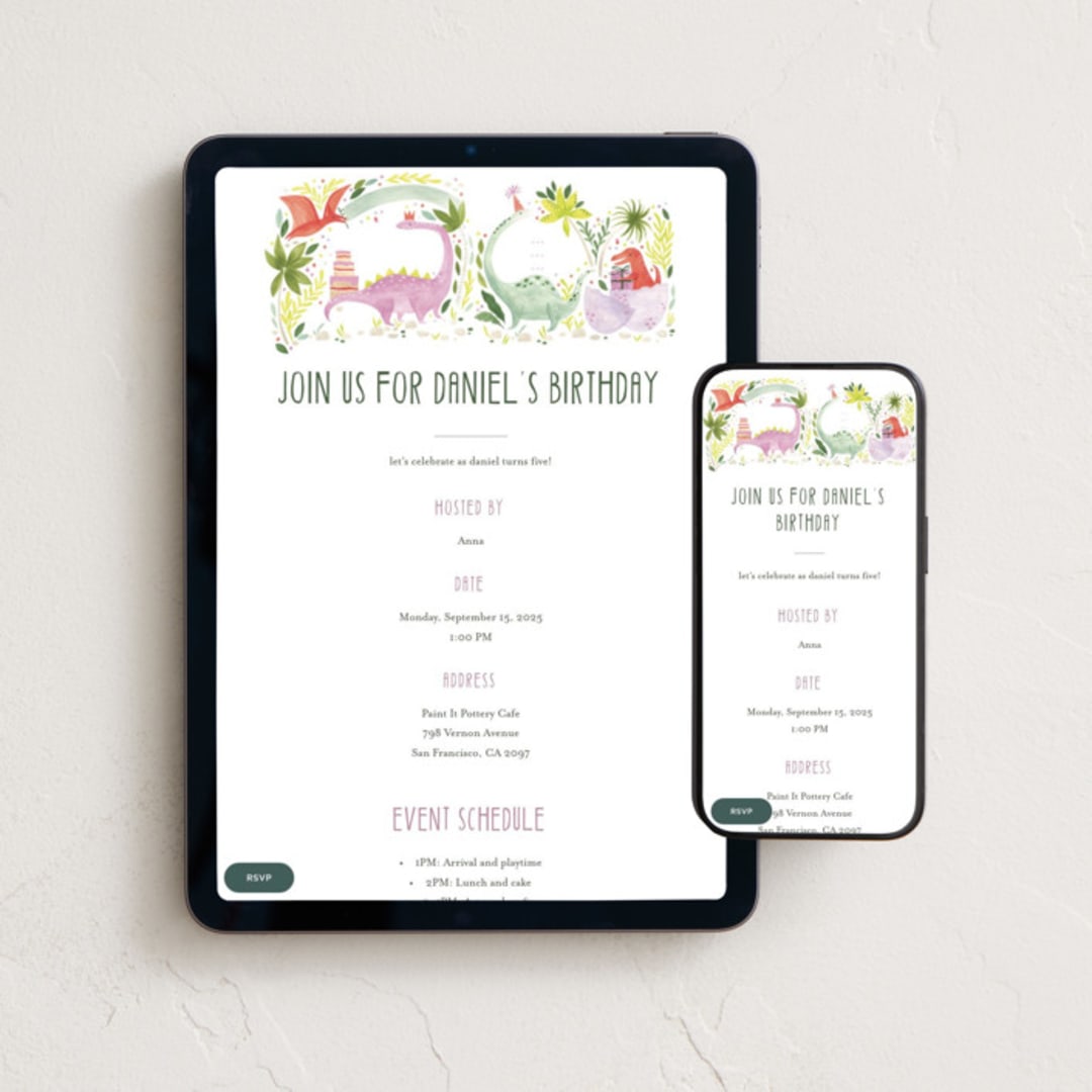 "Party Dinos" - Online Kids Birthday Invitations in Forest by Sarah Knight - Mobile + desktop layout