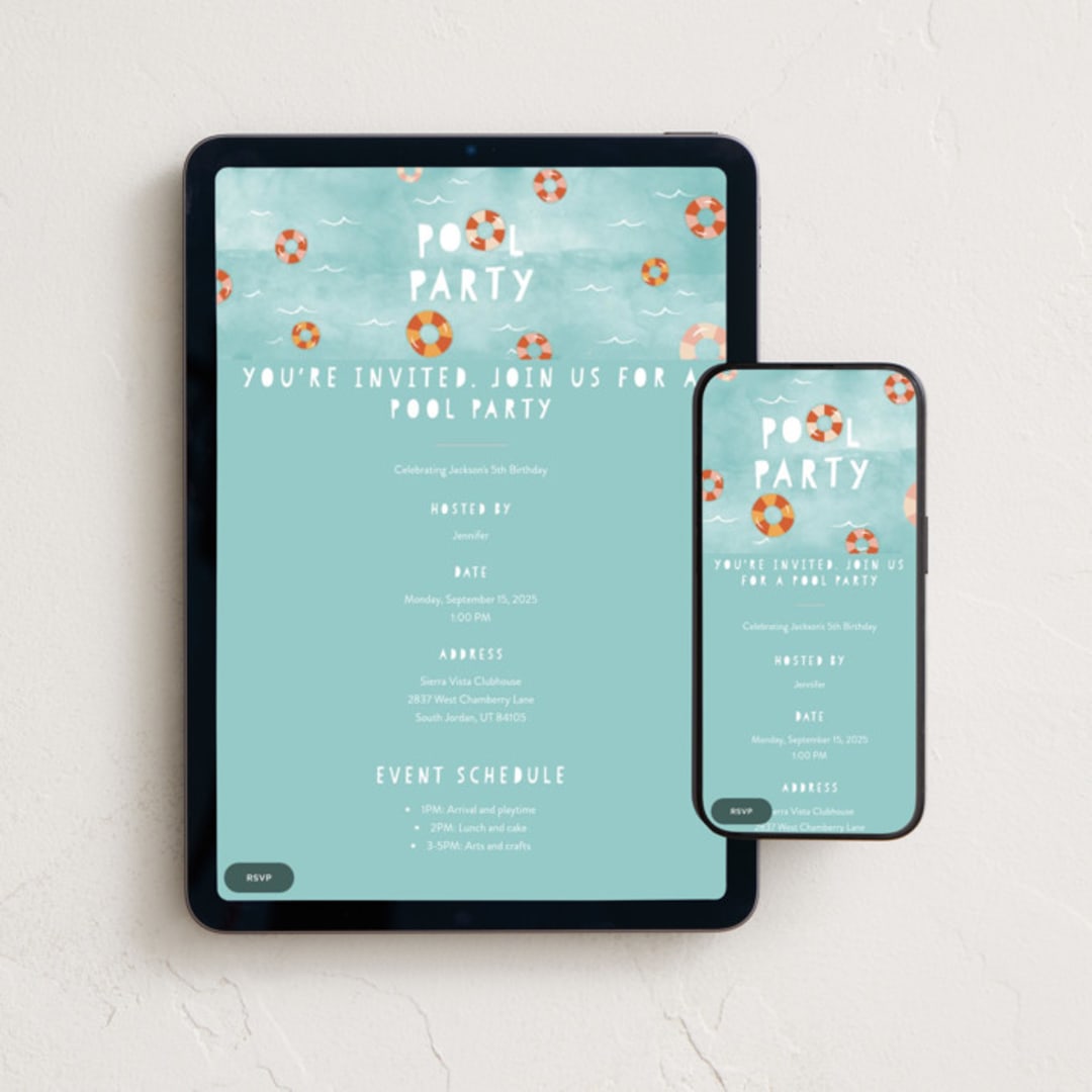 "Pool Party" - Online Kids Birthday Invitations in Palm Springs by Robert and Stella - Mobile + desktop layout