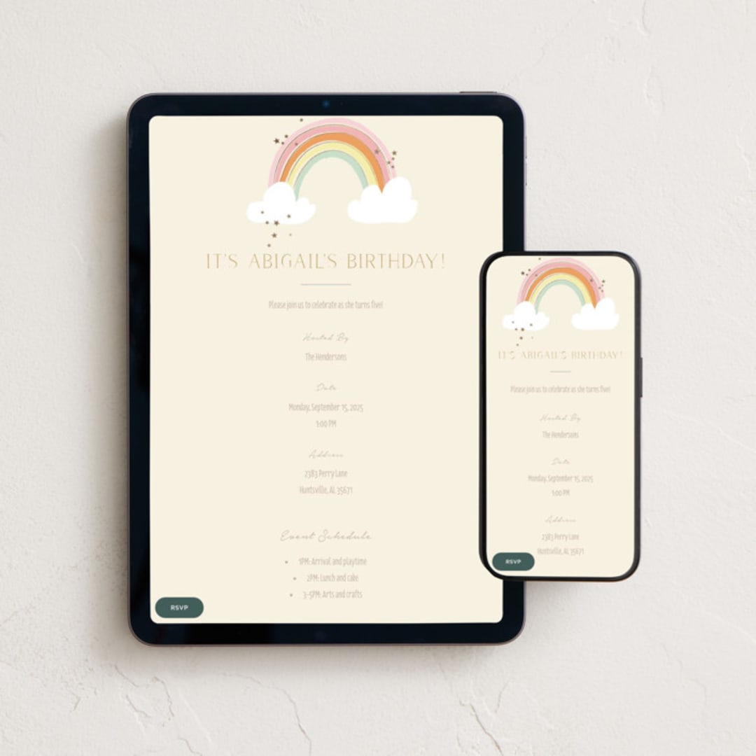 "Rainbow Birthday" - Online Kids Birthday Invitations in Sand by Kiersten Garner - Mobile + desktop layout