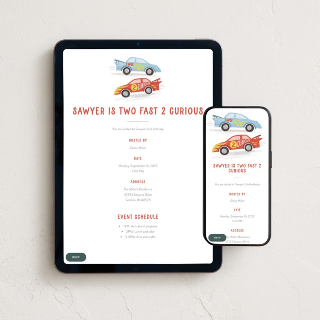 "Two Fast" - Online Kids Birthday Invitations in Racing Red by Jessie Steury - Mobile + desktop layout