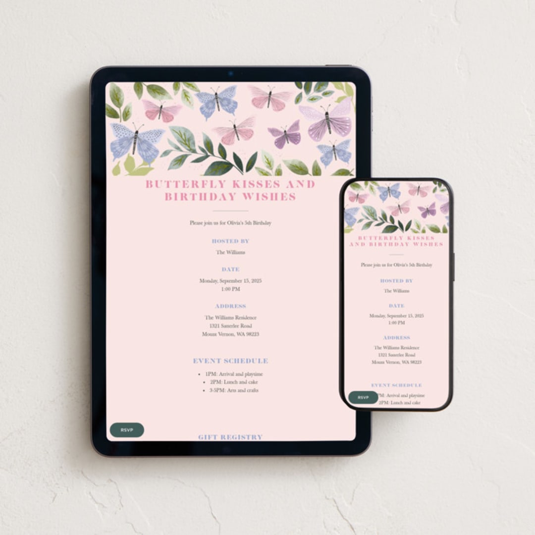 "butterfly kisses" - Online Kids Birthday Invitations in Petal by Karidy Walker - Mobile + desktop layout