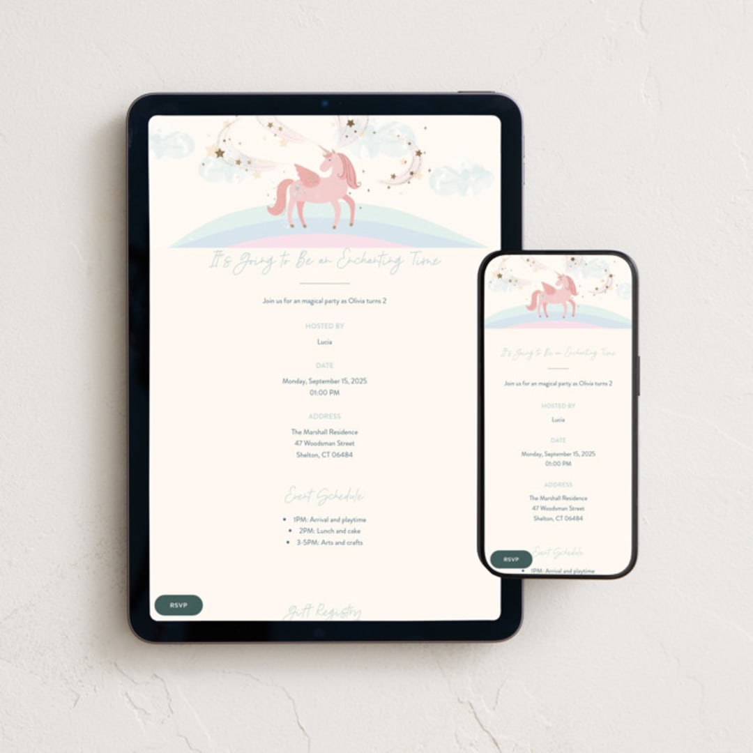 "Unicorn Wishes" - Online Kids Birthday Invitations in Cotton Candy by Pixel and Hank - Mobile + desktop layout
