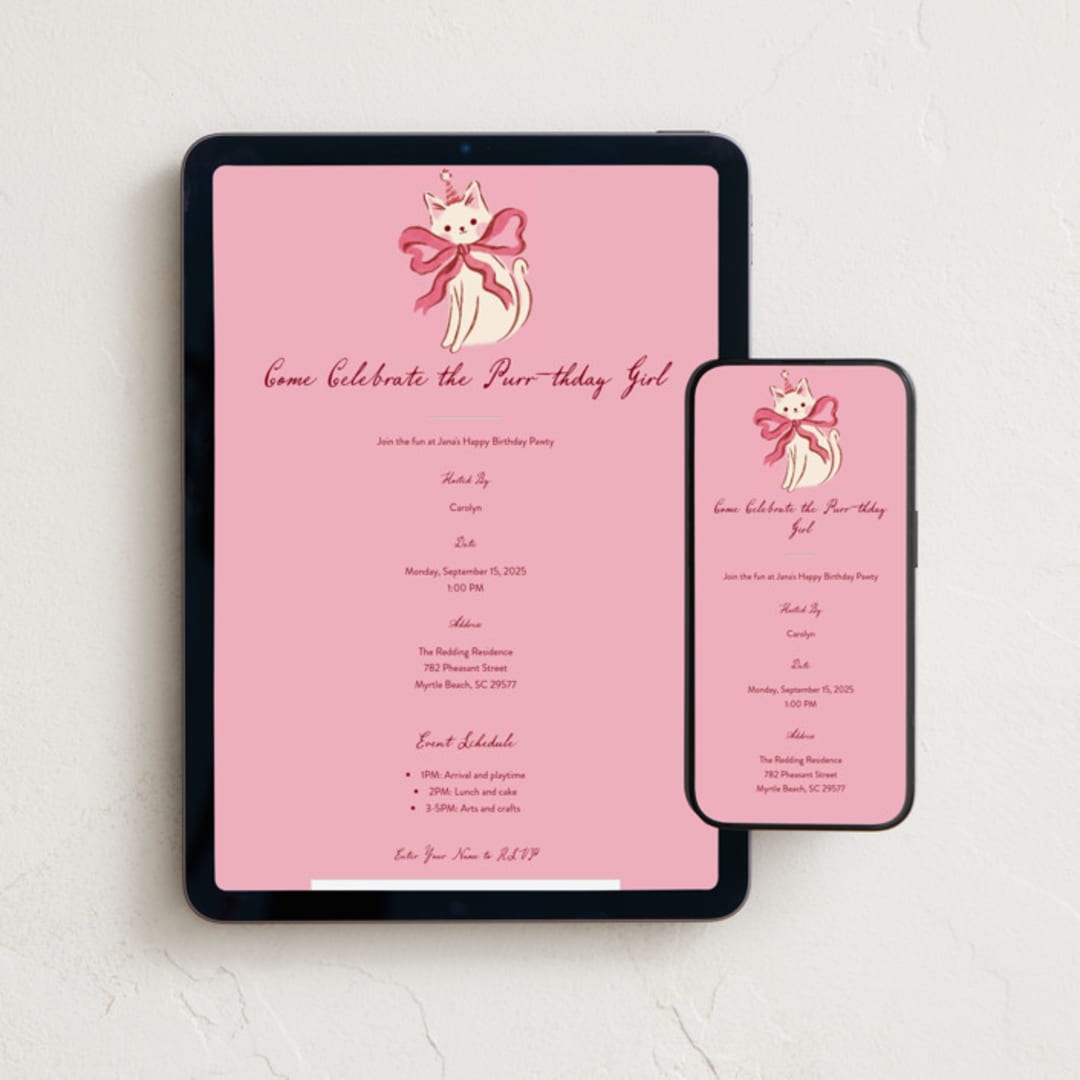 "Happy Purr-day" - Online Kids Birthday Invitations in Berry by Vivian Yiwing - Mobile + desktop layout