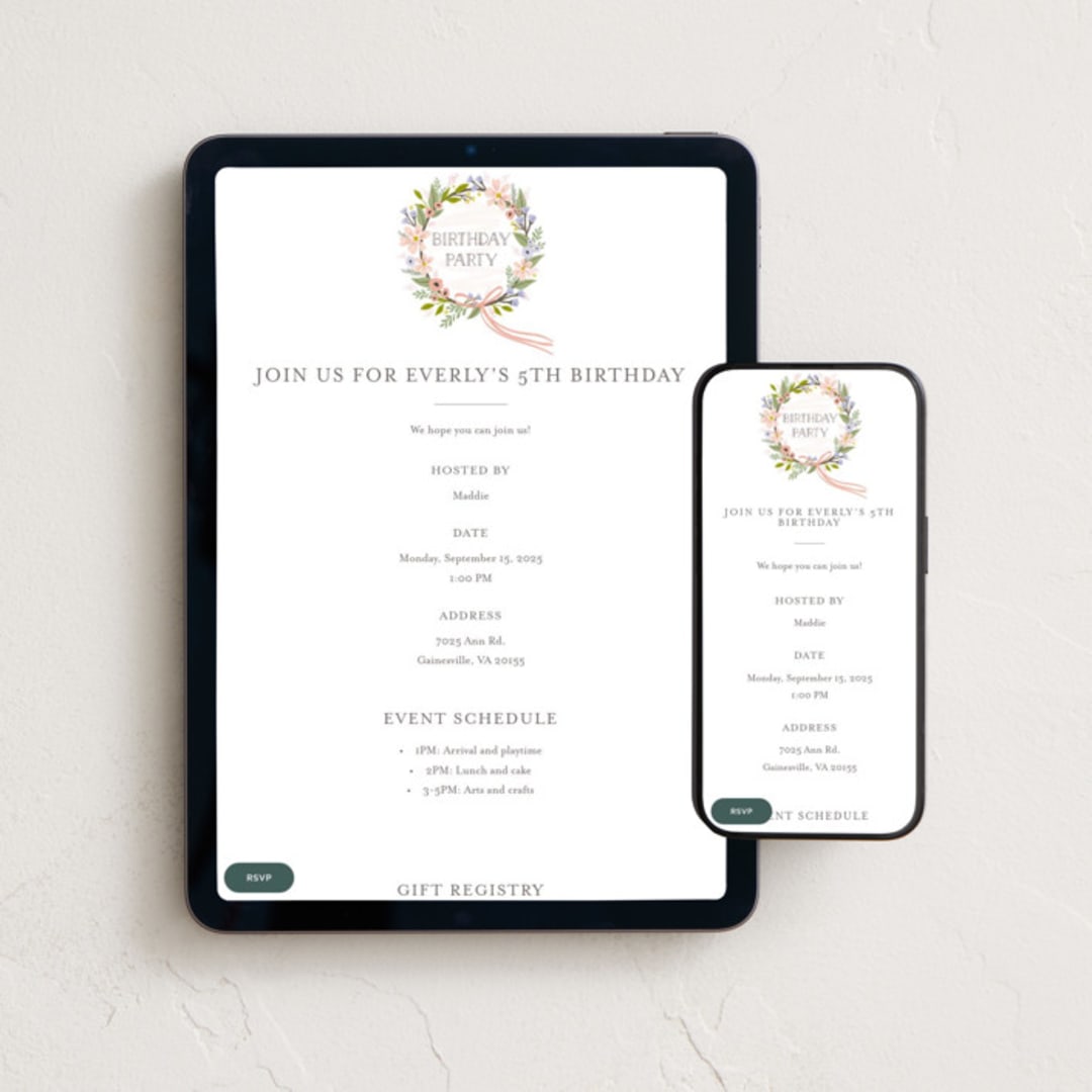 "Floral Crown" - Online Kids Birthday Invitations in Rose by Karidy Walker - Mobile + desktop layout
