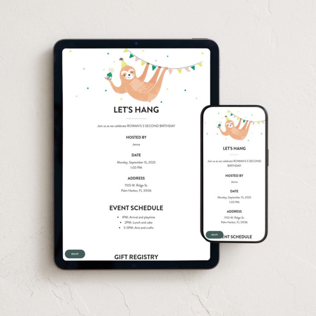 "Party Sloth" - Online Kids Birthday Invitations in Emerald by Melissa Egan of Pistols - Mobile + desktop layout