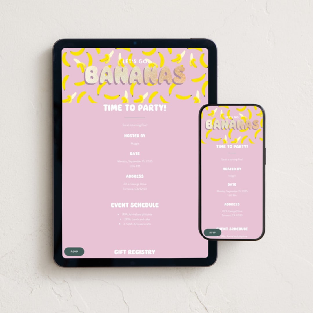 "Go Bananas" - Online Kids Birthday Invitations in Mixed Berry by Baumbirdy - Mobile + desktop layout