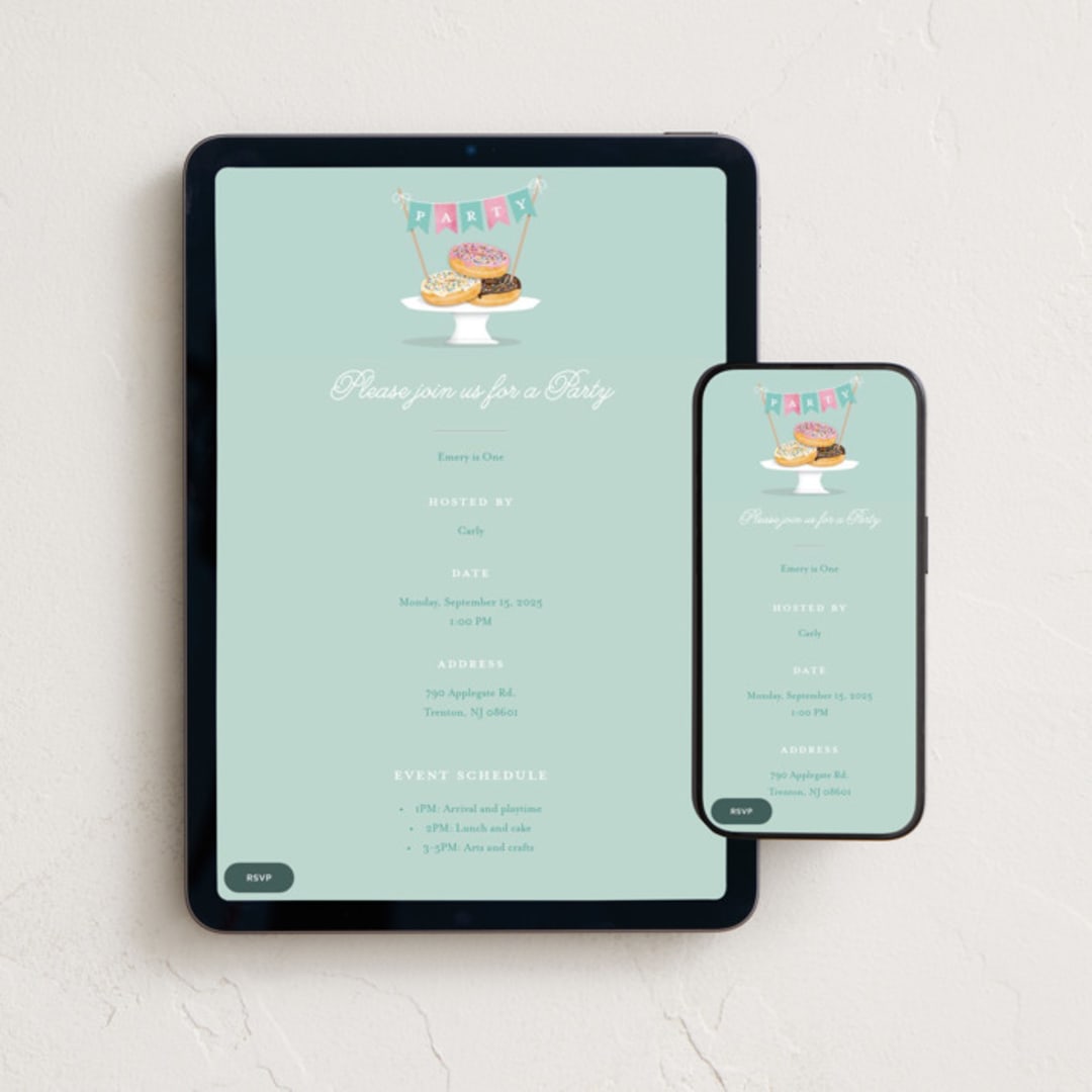 "Everyone Loves Donuts" - Online Kids Birthday Invitations in Neptune by Kerry Doyle - Mobile + desktop layout