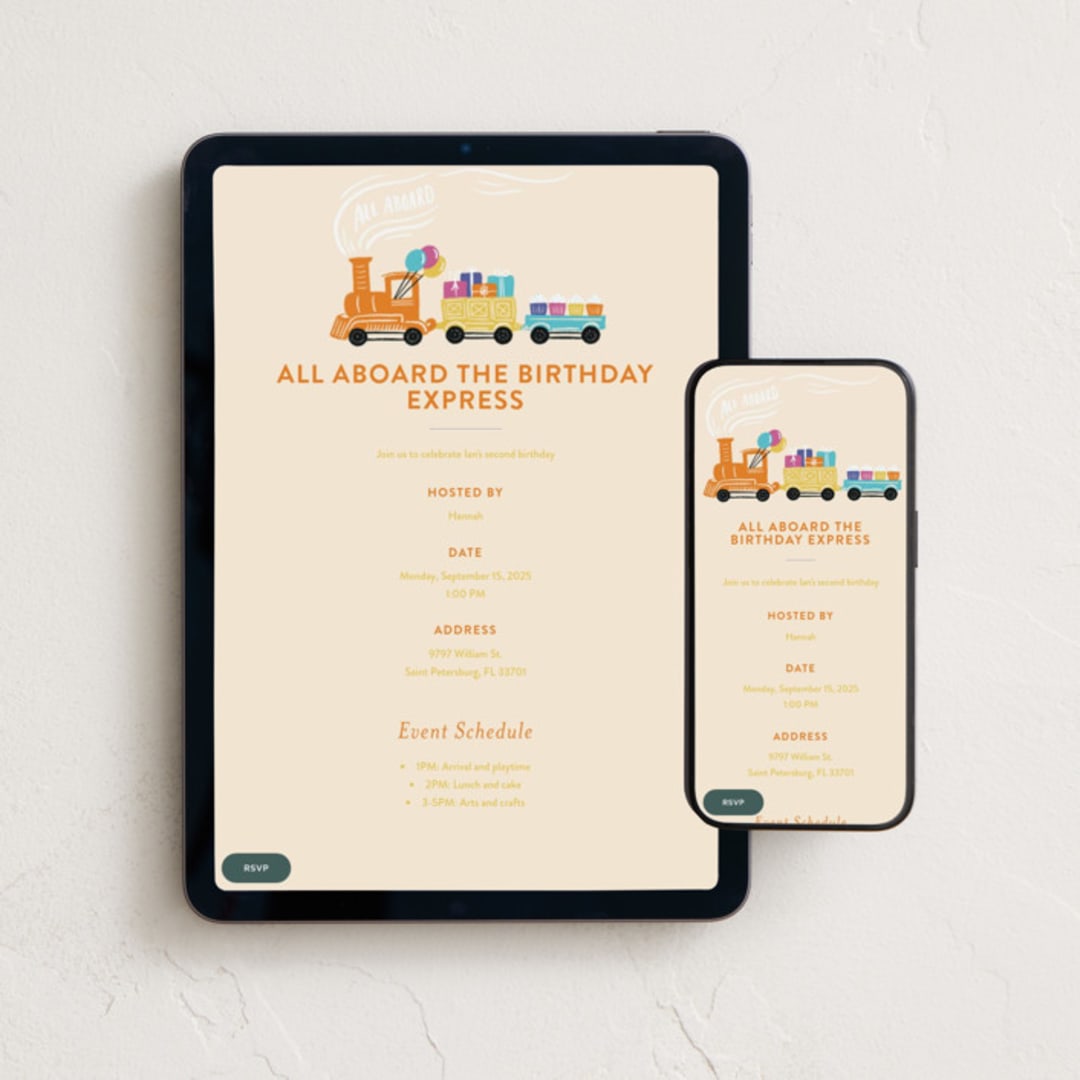 "The Birthday Express" - Online Kids Birthday Invitations in Sunset by Shiny Penny Studio - Mobile + desktop layout