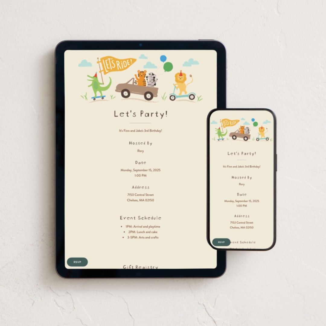 "Let's ride" - Online Kids Birthday Invitations in Crepe by Jennifer Wick - Mobile + desktop layout