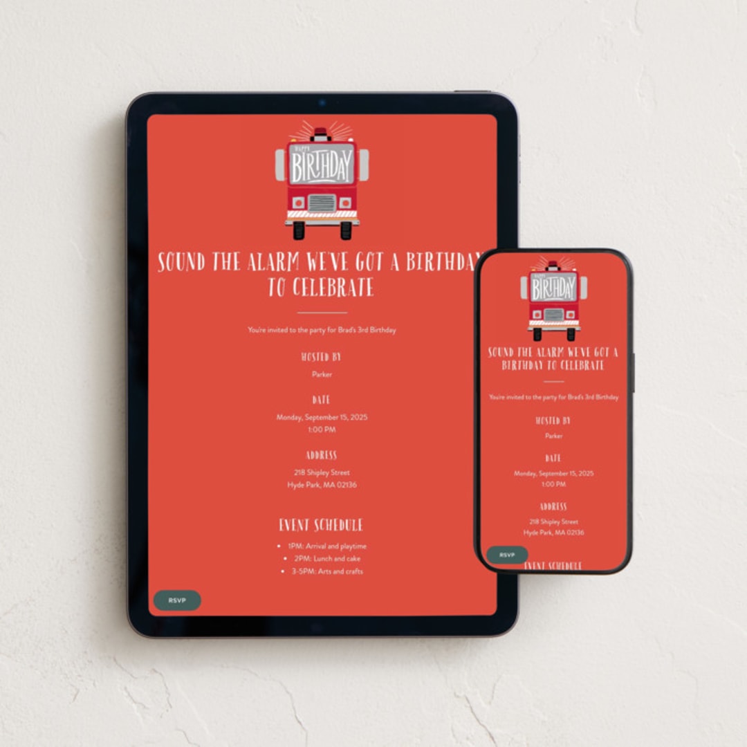 "Sound the Alarm Firetruck" - Online Kids Birthday Invitations in Fire by Alethea and Ruth - Mobile + desktop layout