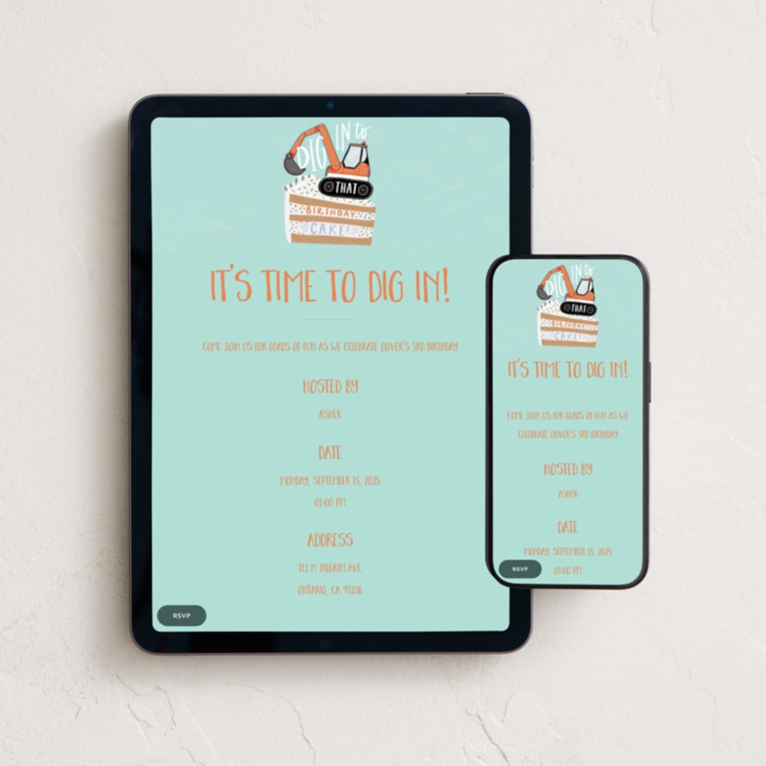 "Digger Cake" - Online Kids Birthday Invitations in Mint by Alethea and Ruth - Mobile + desktop layout