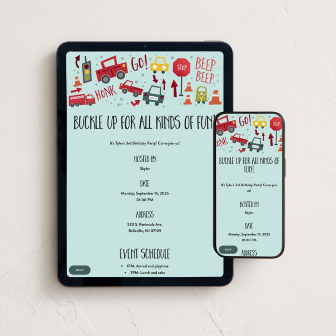"Shiny Cars" - Online Kids Birthday Invitations in Aqua by Amy Payne - Mobile + desktop layout