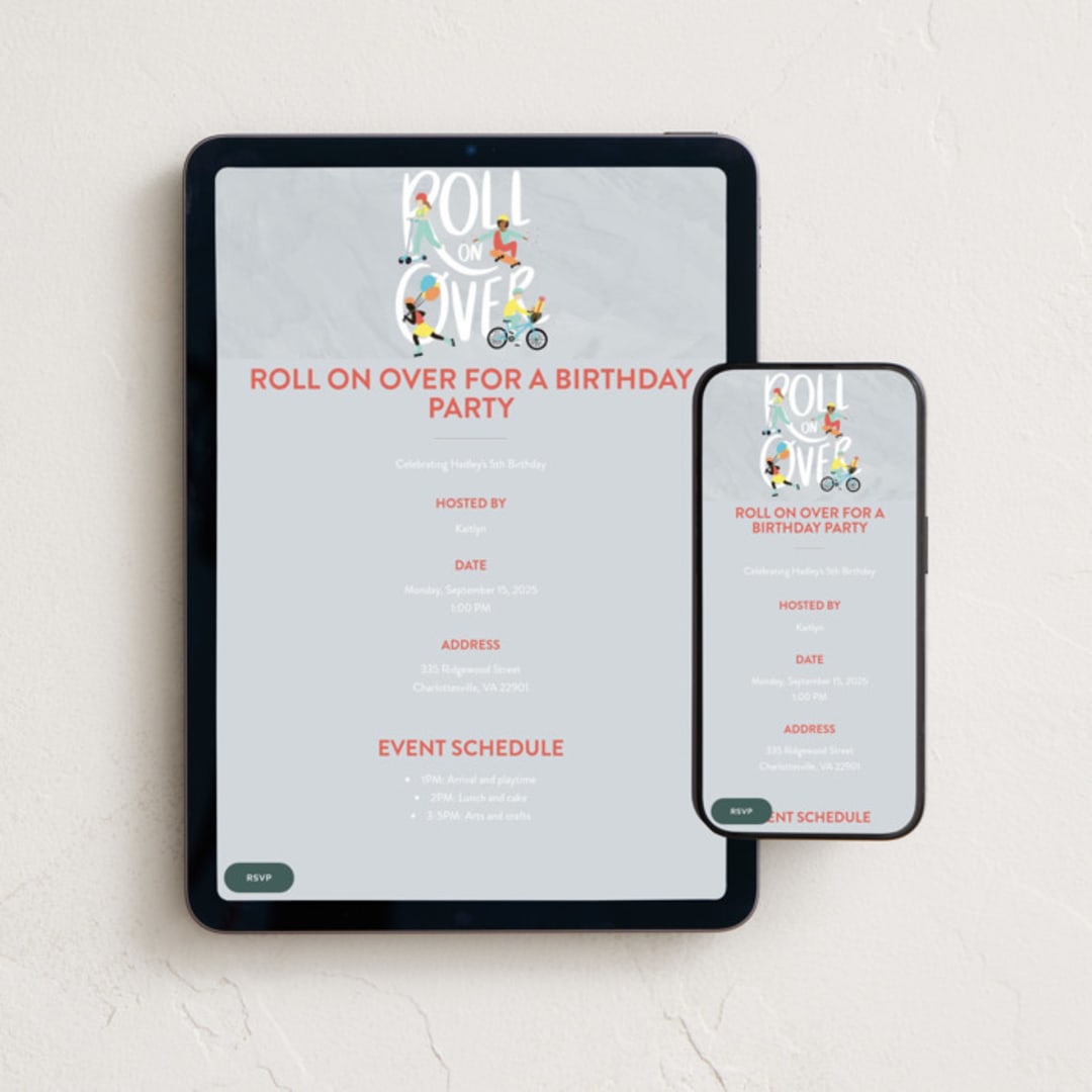 "Roll on Over" - Online Kids Birthday Invitations in Cupcake by Shiny Penny Studio - Mobile + desktop layout