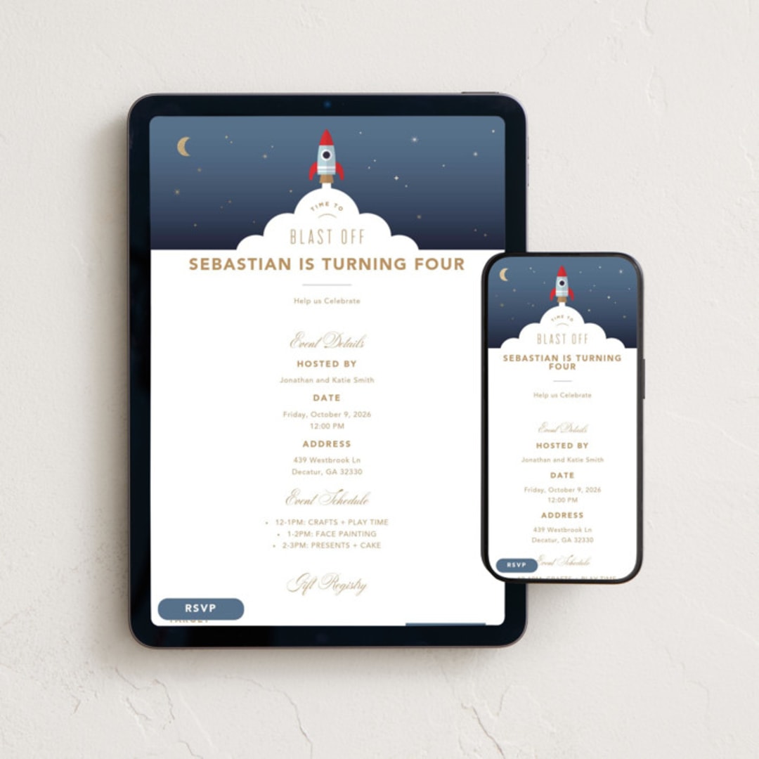 "Blast Off Rocket" - Online Kids Birthday Invitations in Sky by Kristen Smith - Mobile + desktop layout