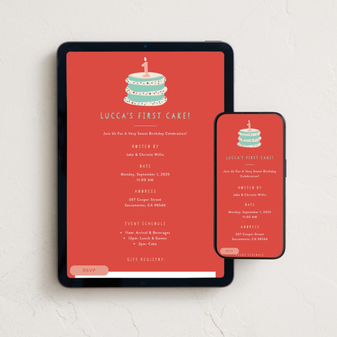 "First Cake" - Online Kids Birthday Invitations in Punchbowl by Christie Garcia - Mobile + desktop layout