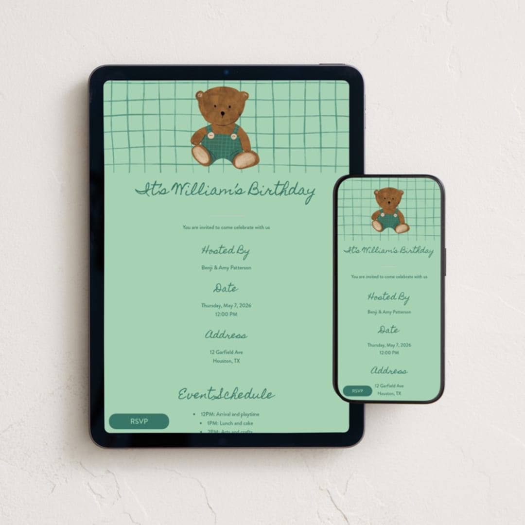 "Ted the bear" - Online Kids Birthday Invitations in Emerald by Inkblot Design - Mobile + desktop layout