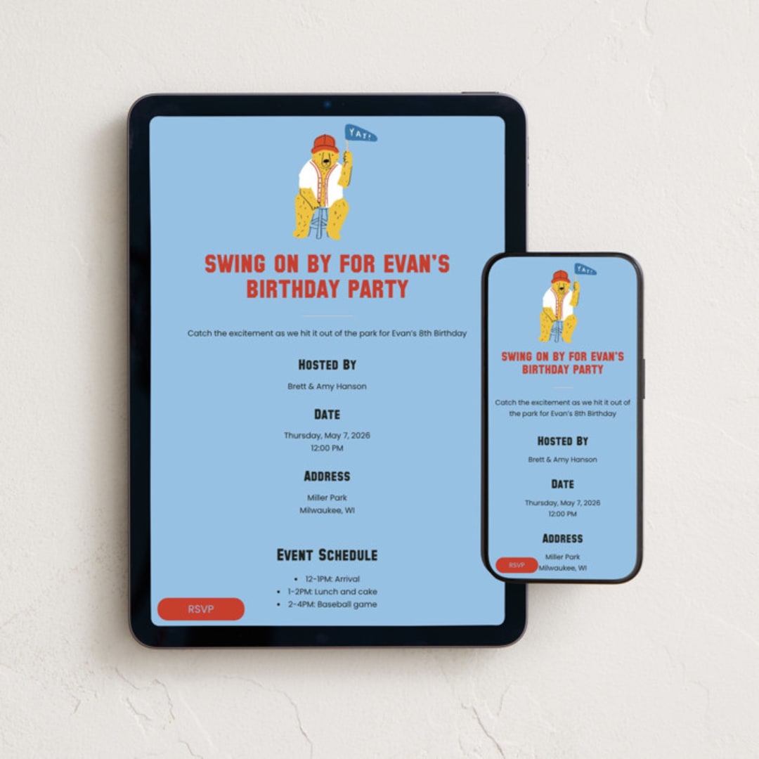 "Ball Game Bear" - Online Kids Birthday Invitations in Blue Sky by Inkblot Design - Mobile + desktop layout