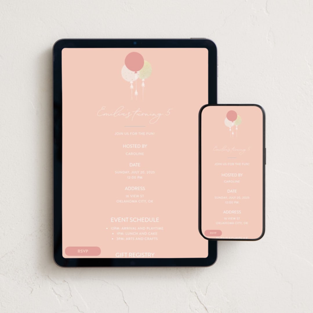 "Glitter Balloons" - Online Kids Birthday Invitations in Blush by Angela Thompson - Mobile + desktop layout