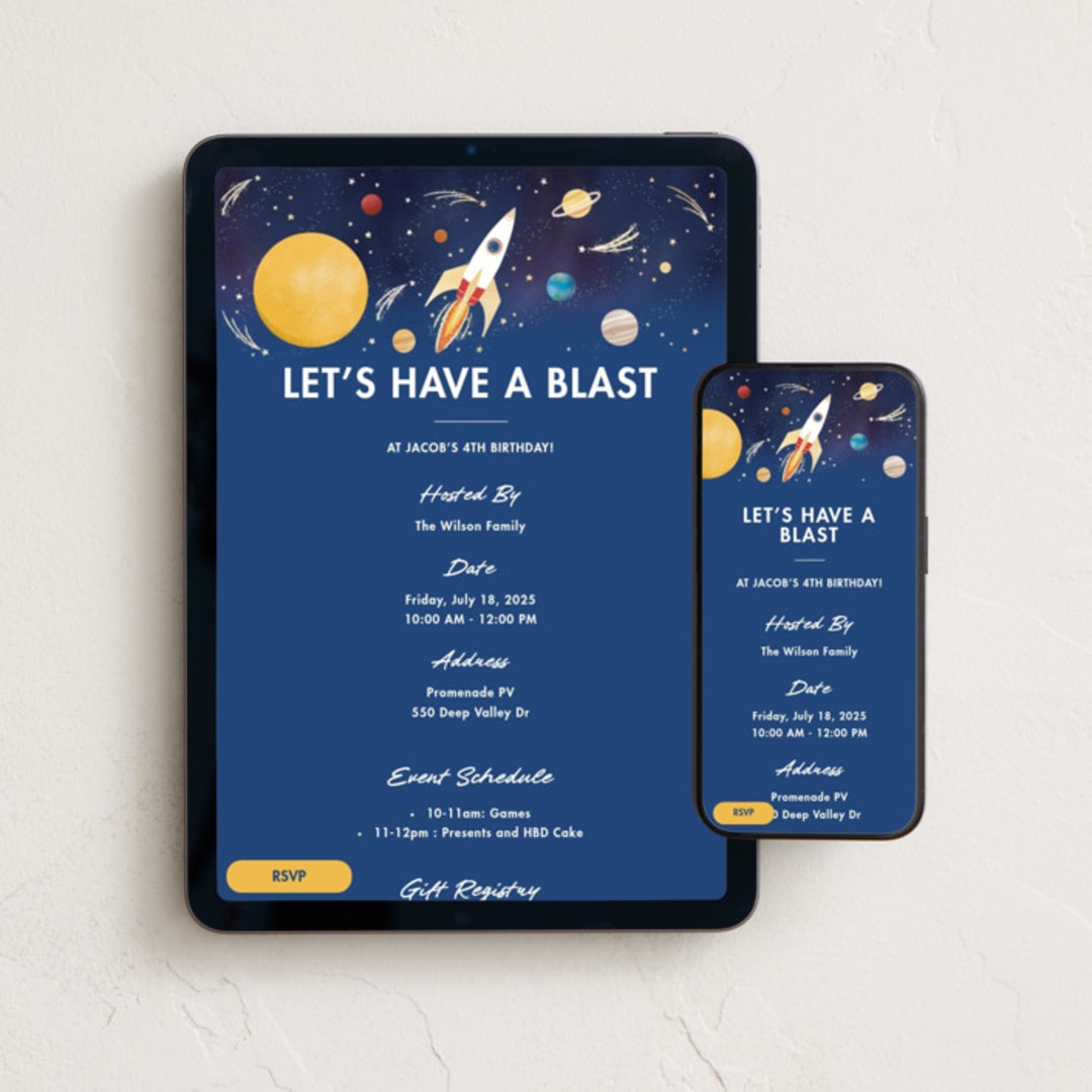 "Birthday Blast" - Online Kids Birthday Invitations in Navy by Becky Nimoy - Mobile + desktop layout