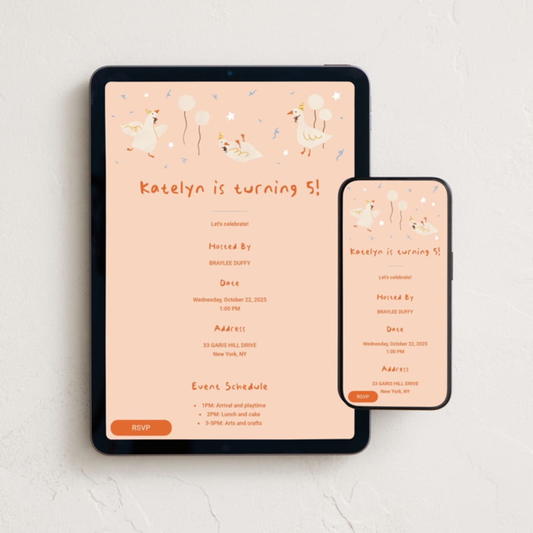 "Goose Goose" - Online Kids Birthday Invitations in Blush by Zove Ahhh - Mobile + desktop layout
