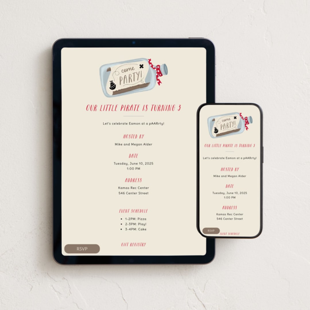 "Pirate Party" - Online Kids Birthday Invitations in Merlot by JeAnna Casper - Mobile + desktop layout