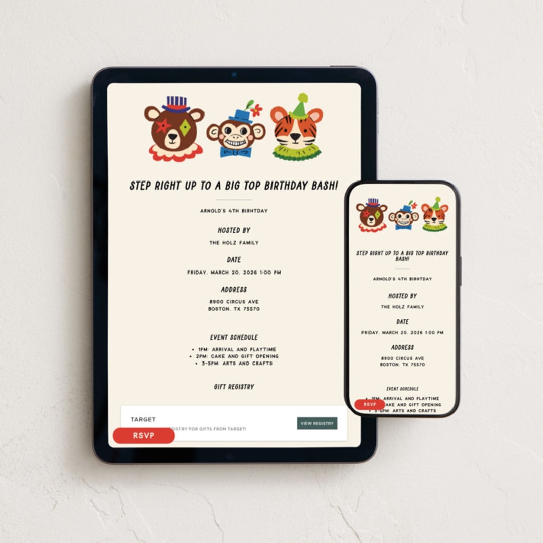 "A Birthday Circus" - Online Kids Birthday Invitations in Bold by Namibear Art Studio - Mobile + desktop layout