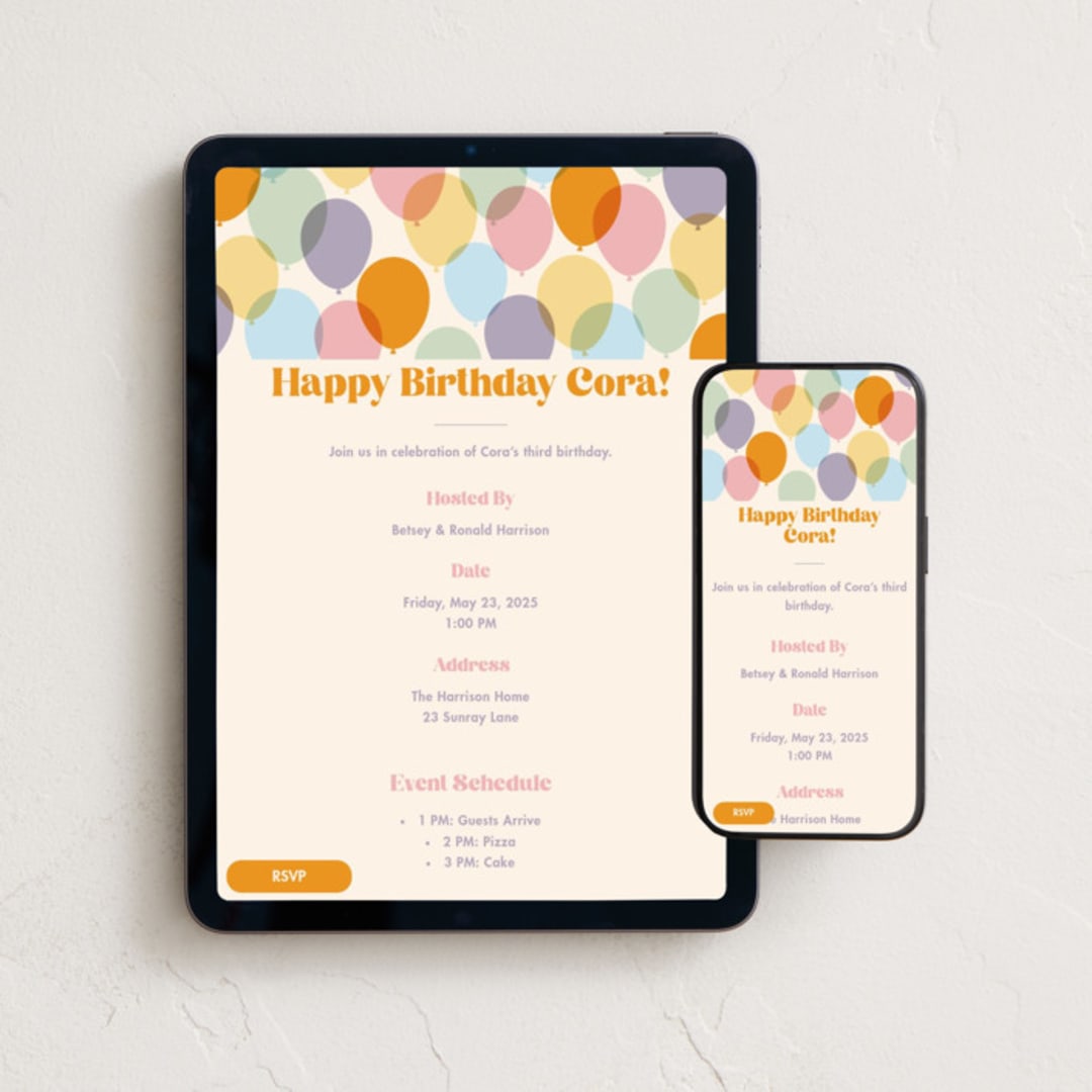 "Bright Balloons" - Online Kids Birthday Invitations in Pastel by 2birdstone - Mobile + desktop layout
