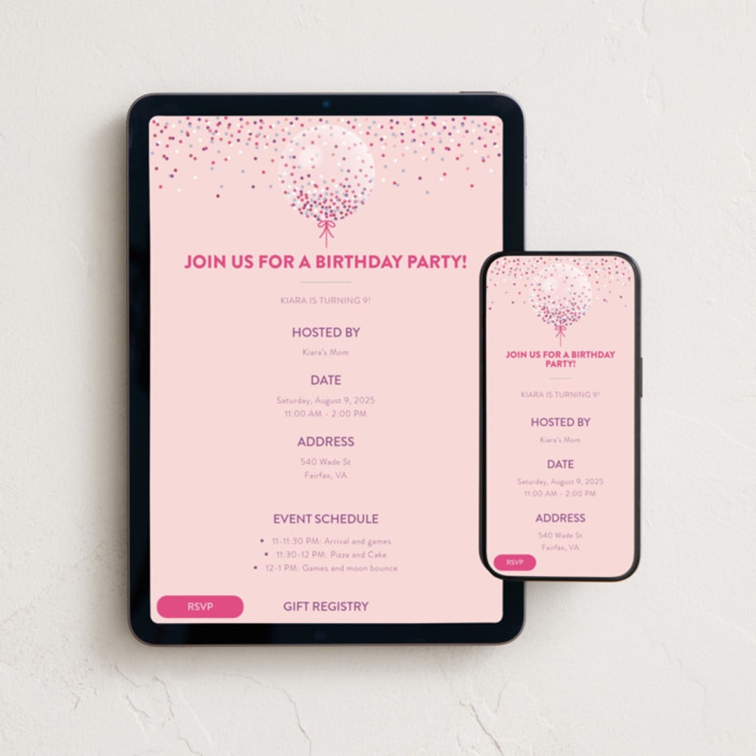 "Confetti Balloon" - Online Kids Birthday Invitations in Bubblegum by Kelly Williams - Mobile + desktop layout